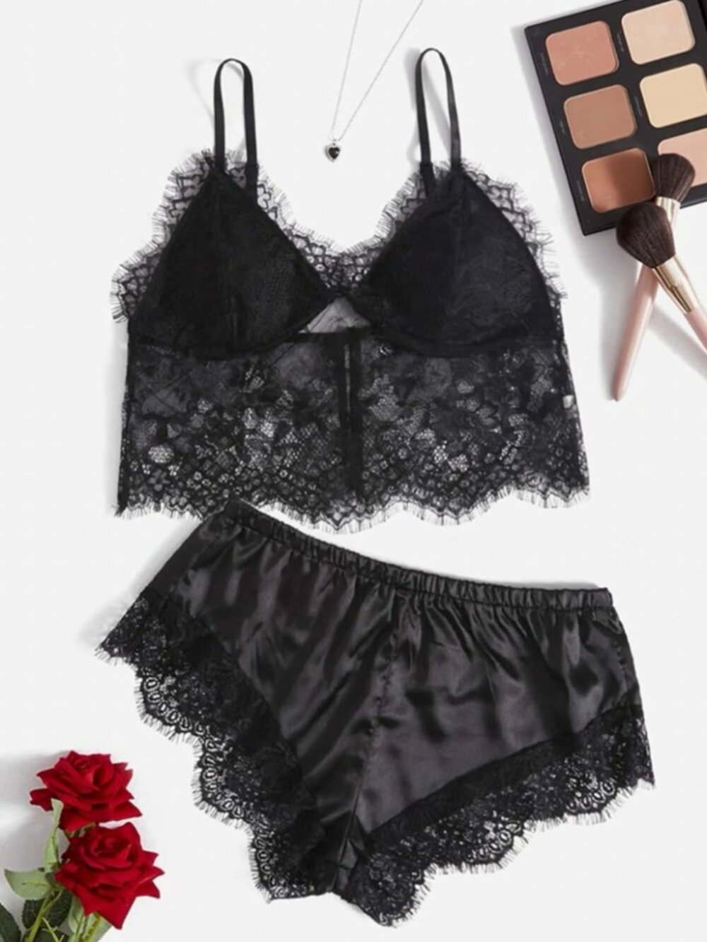 Eyelash Floral Lace Lingerie Set Black S
